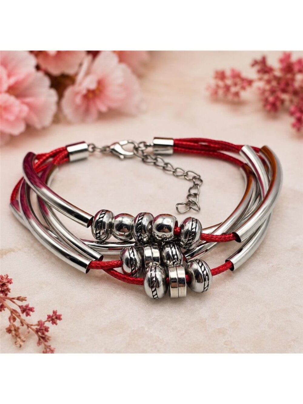 Red Cord Multi Strand Bracelet Silver Tone Tube Beads European Style 8-10 In